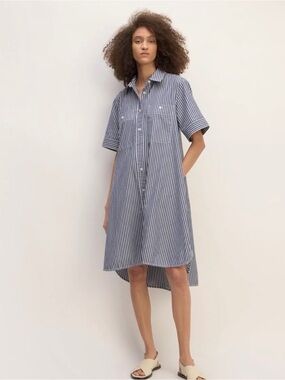 Everlane Navy and White Striped Button-Down Cotton Dress 4 Pockets Oversized XS